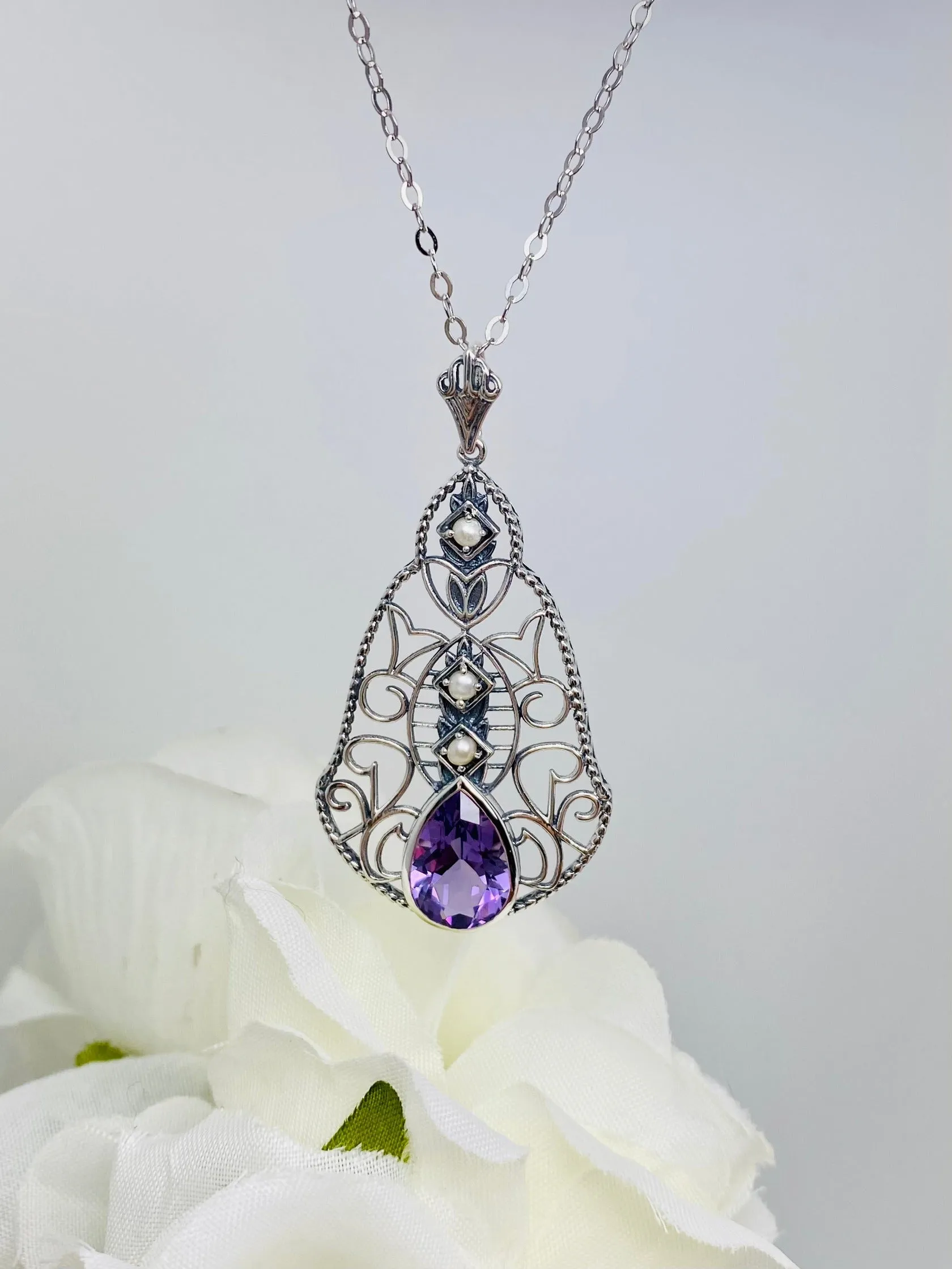 Natural Amethyst Pendant, Pearl Accented Lavalier Necklace, Victorian Jewelry P22