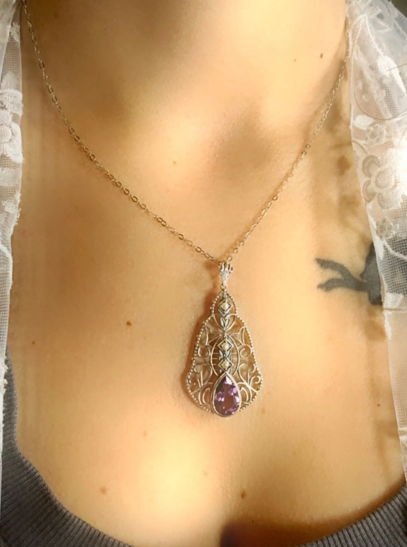 Natural Amethyst Pendant, Pearl Accented Lavalier Necklace, Victorian Jewelry P22
