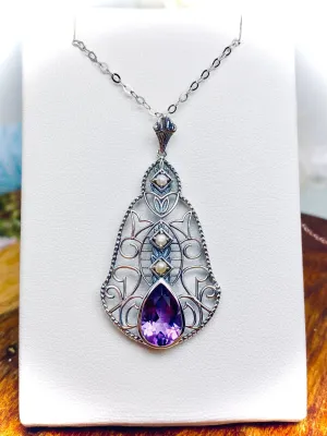 Natural Amethyst Pendant, Pearl Accented Lavalier Necklace, Victorian Jewelry P22