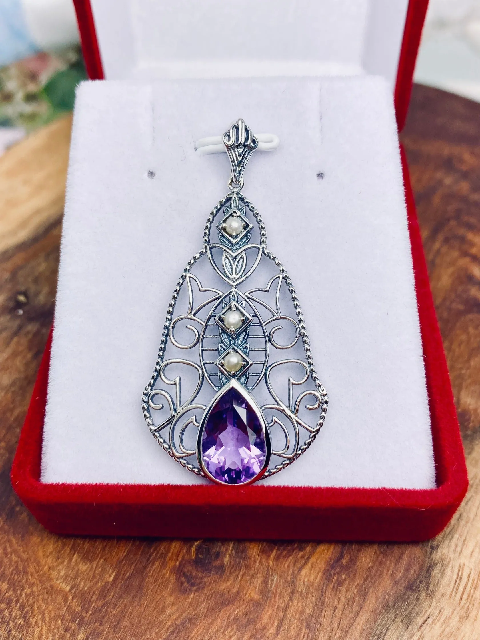 Natural Amethyst Pendant, Pearl Accented Lavalier Necklace, Victorian Jewelry P22