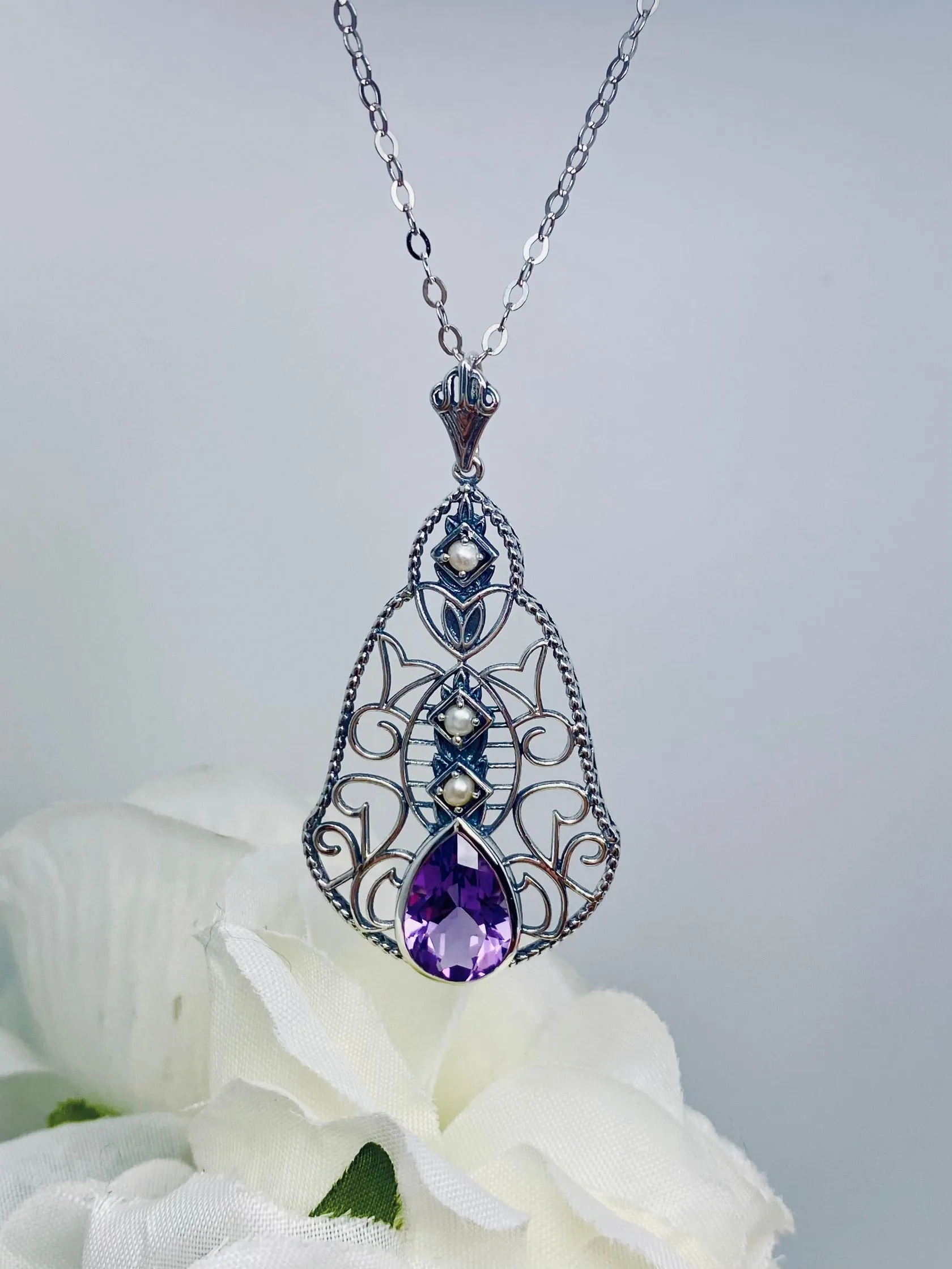 Natural Amethyst Pendant, Pearl Accented Lavalier Necklace, Victorian Jewelry P22