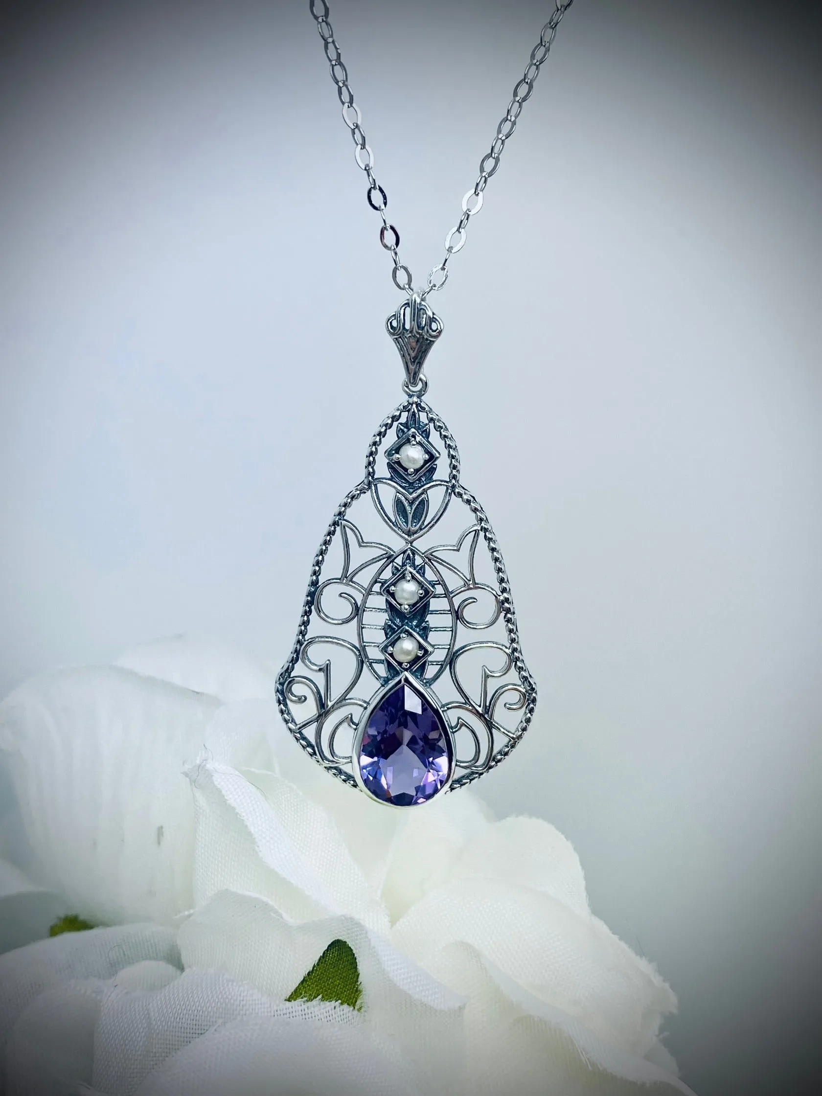 Natural Amethyst Pendant, Pearl Accented Lavalier Necklace, Victorian Jewelry P22