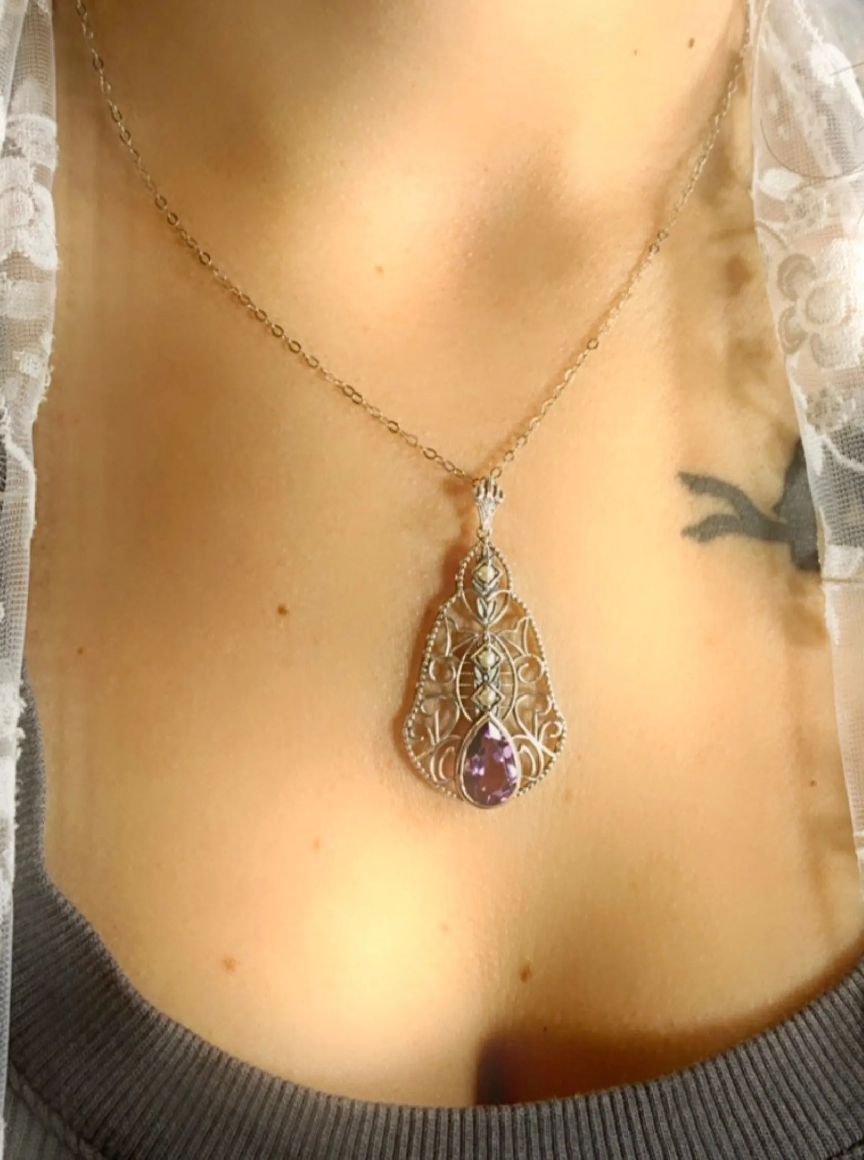 Natural Topaz Pendant, Pearl Accented Lavalier Necklace, Victorian Jewelry P22 - Ready to Ship
