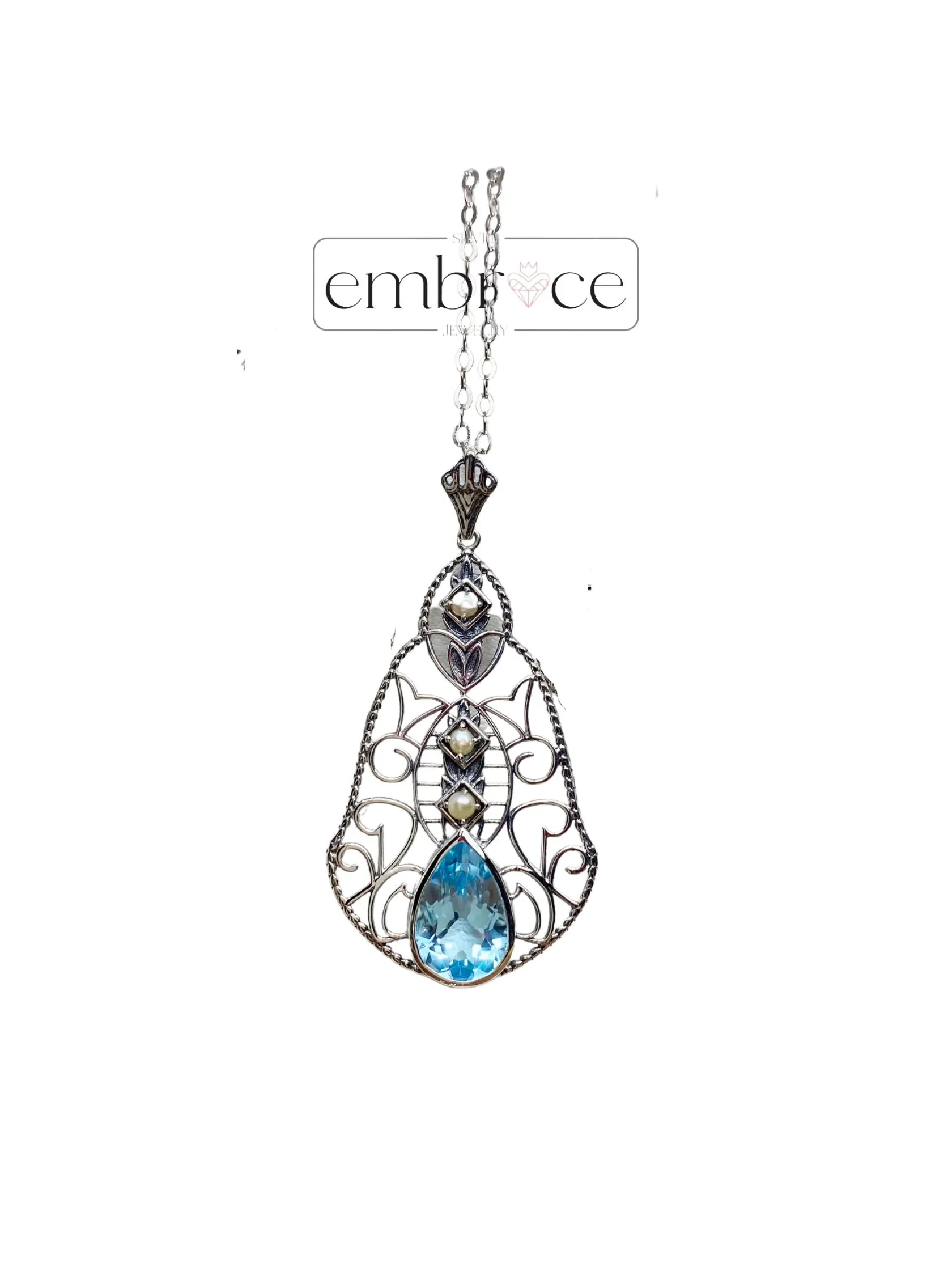 Natural Topaz Pendant, Pearl Accented Lavalier Necklace, Victorian Jewelry P22 - Ready to Ship