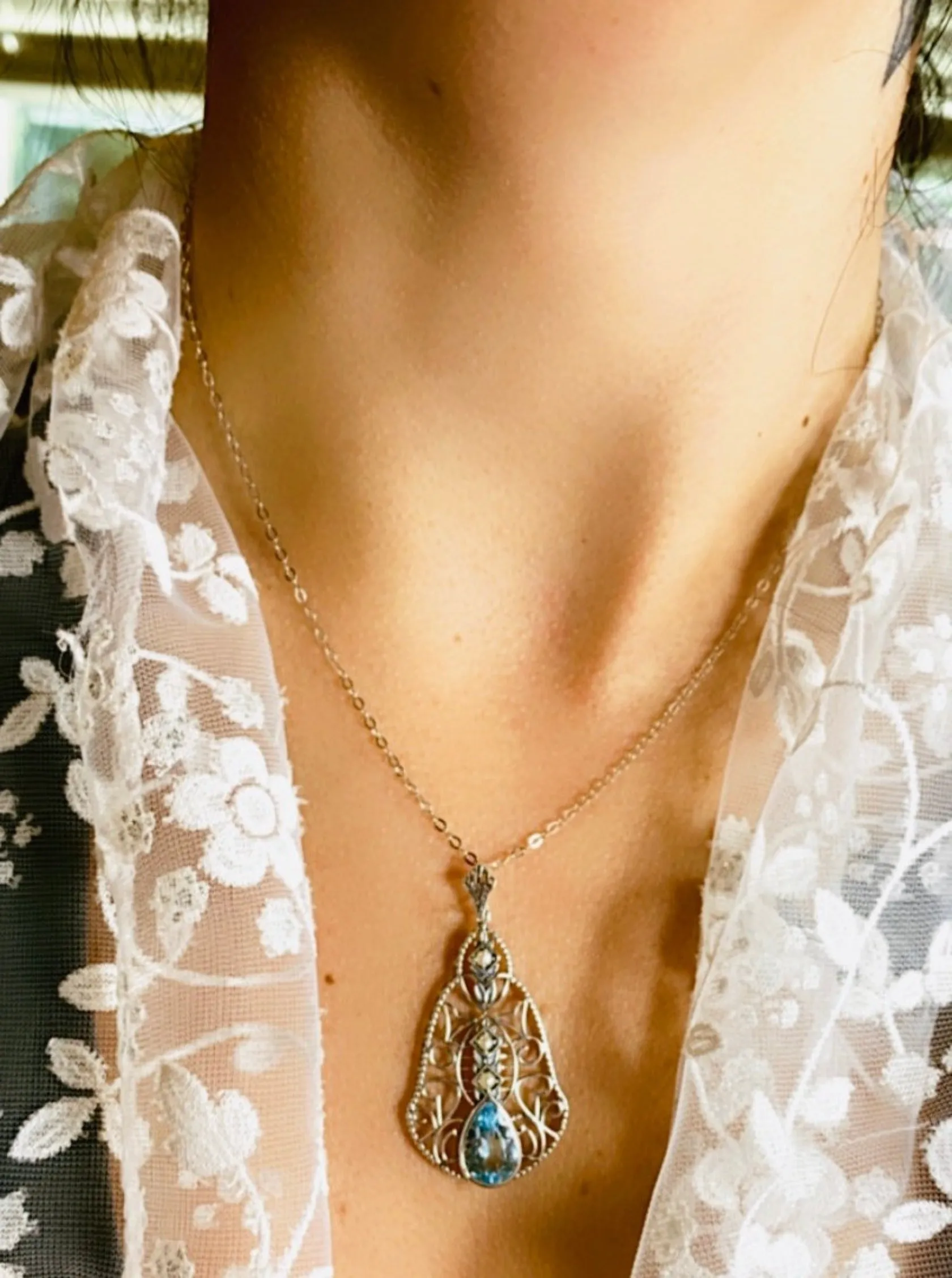 Natural Topaz Pendant, Pearl Accented Lavalier Necklace, Victorian Jewelry P22 - Ready to Ship