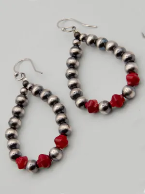 Nav Prl Loop Earrings w/3 Red Beads by P Wallace