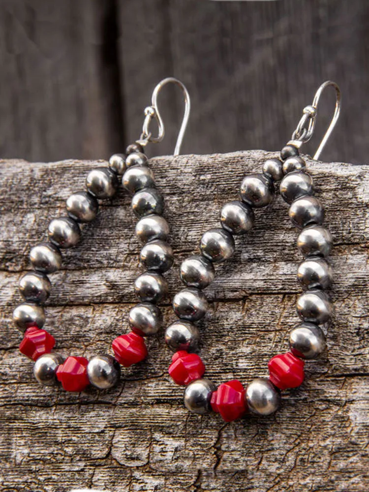Nav Prl Loop Earrings w/3 Red Beads by P Wallace