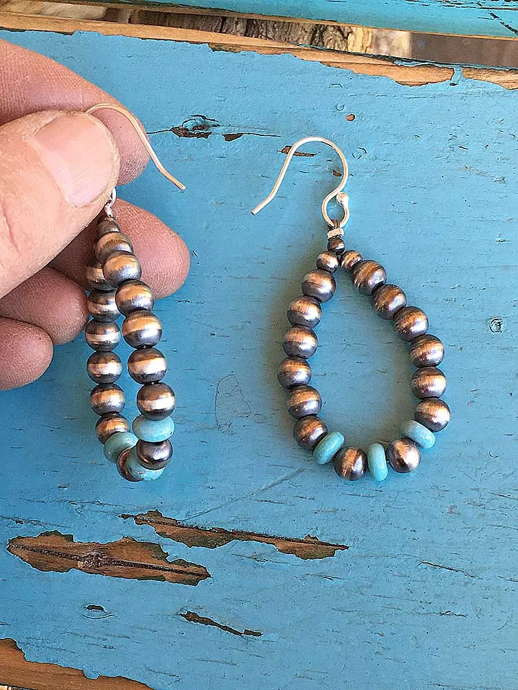 Nav Prl Loop Earrings w/3 Turq Beads by P Wallace