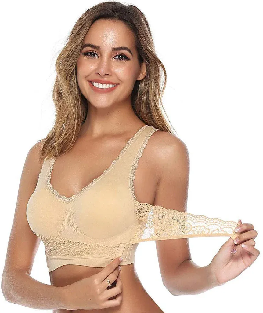 New Women Comfort Wireless Lace Lift Bra Classic Front Cross Side Buckle Yoga Sports Lace Bra, Black, Sz L