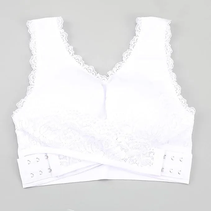 New Women Comfort Wireless Lace Lift Bra Classic Front Cross Side Buckle Yoga Sports Lace Bra, White, Sz 3X Fits like 1X