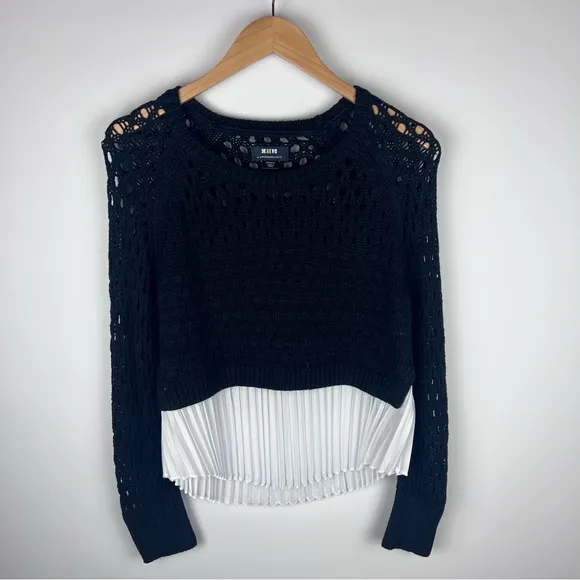 NWT Anthropologie Maeve Open Knit Sweater Pleated Hem Black White Size S