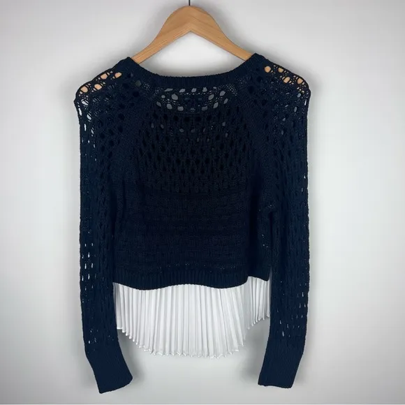 NWT Anthropologie Maeve Open Knit Sweater Pleated Hem Black White Size S