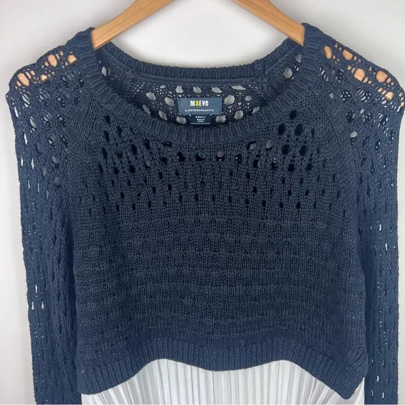 NWT Anthropologie Maeve Open Knit Sweater Pleated Hem Black White Size S
