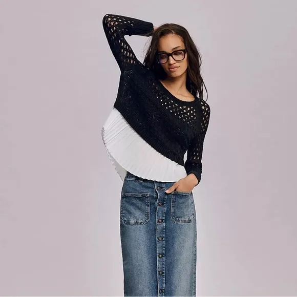 NWT Anthropologie Maeve Open Knit Sweater Pleated Hem Black White Size S