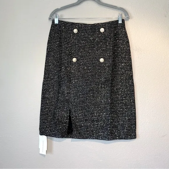 NWT Commense Pearl Button Split Elegant Midi Skirt Black. Size L
