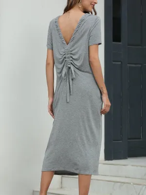 Open Back Drawstring Casual Midi Dress