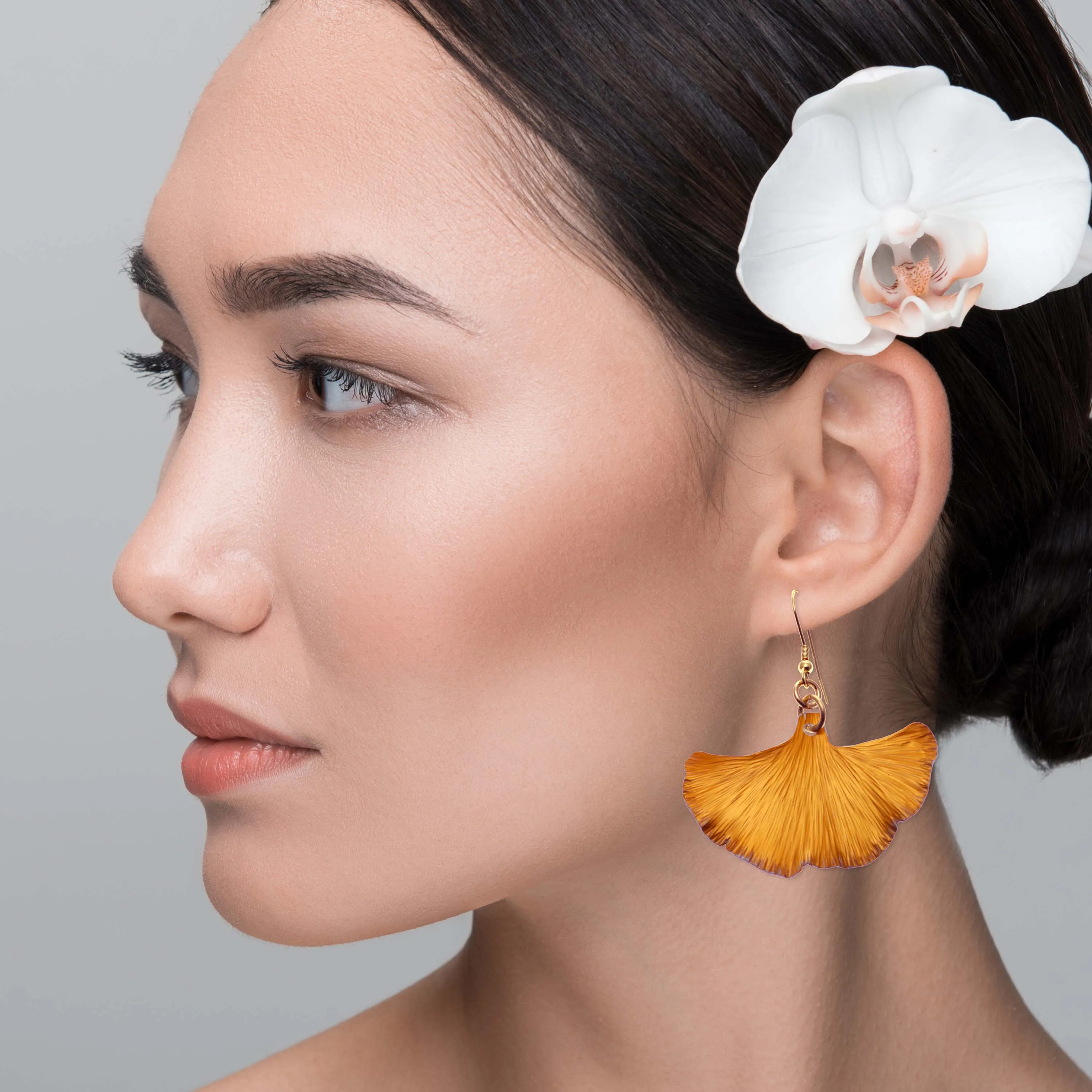 Orange Anodized Aluminum Ginkgo Leaf Earrings