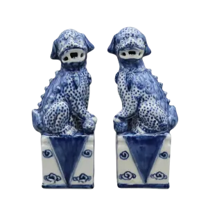 Pair of Guardian Blue Foo Dog Porcelain Sculptures