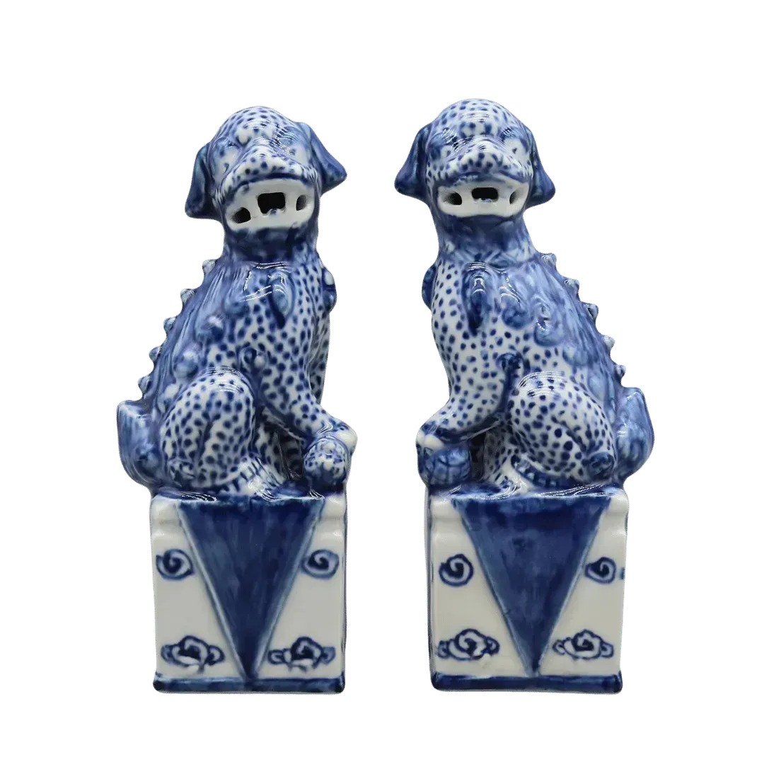 Pair of Guardian Blue Foo Dog Porcelain Sculptures