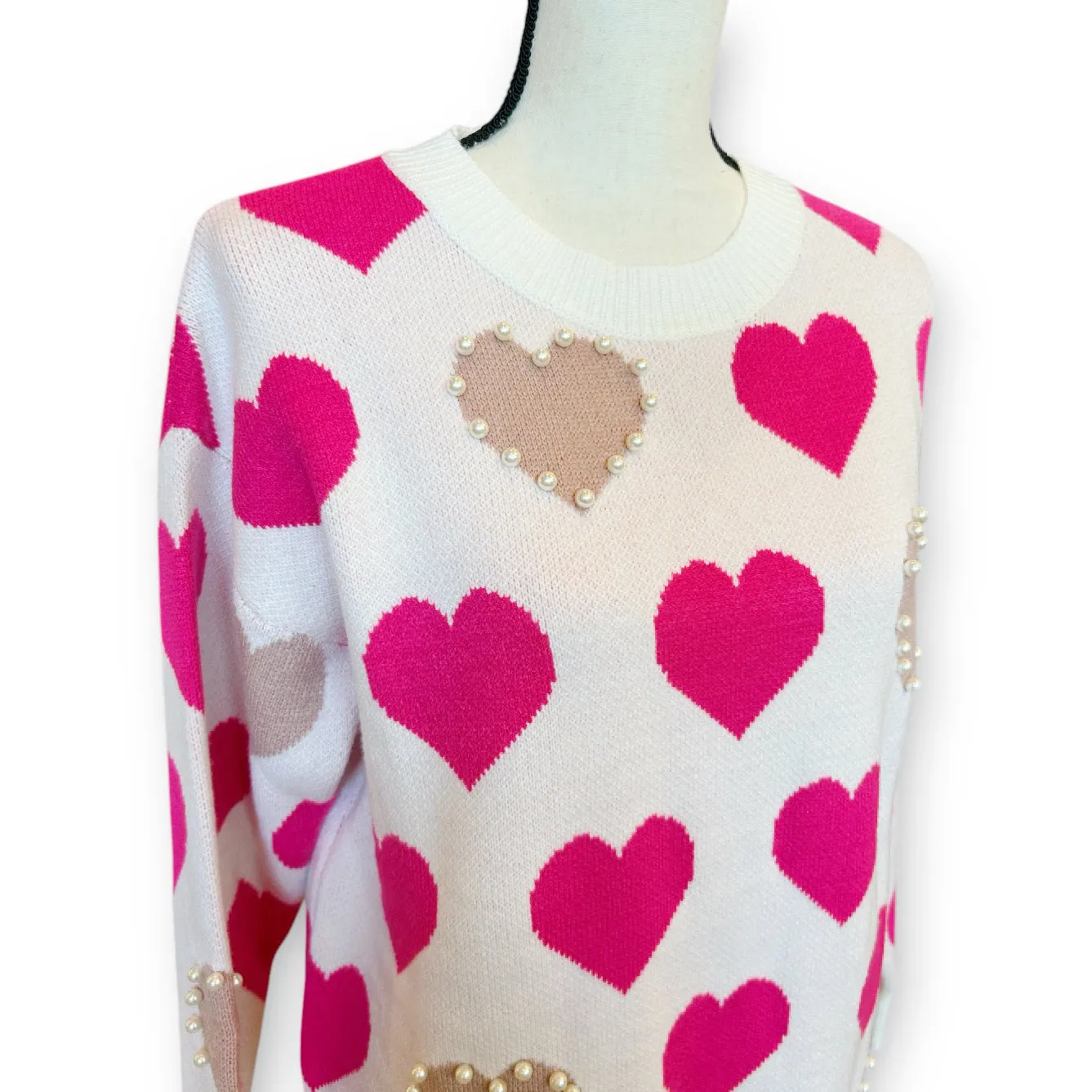 Pearled Hearts Pink Sweater~Final Sale