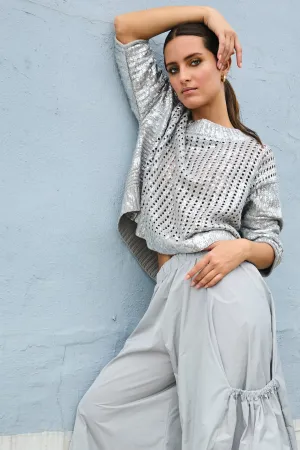 Pima Cotton Metallic Crochet Boatneck Sweater