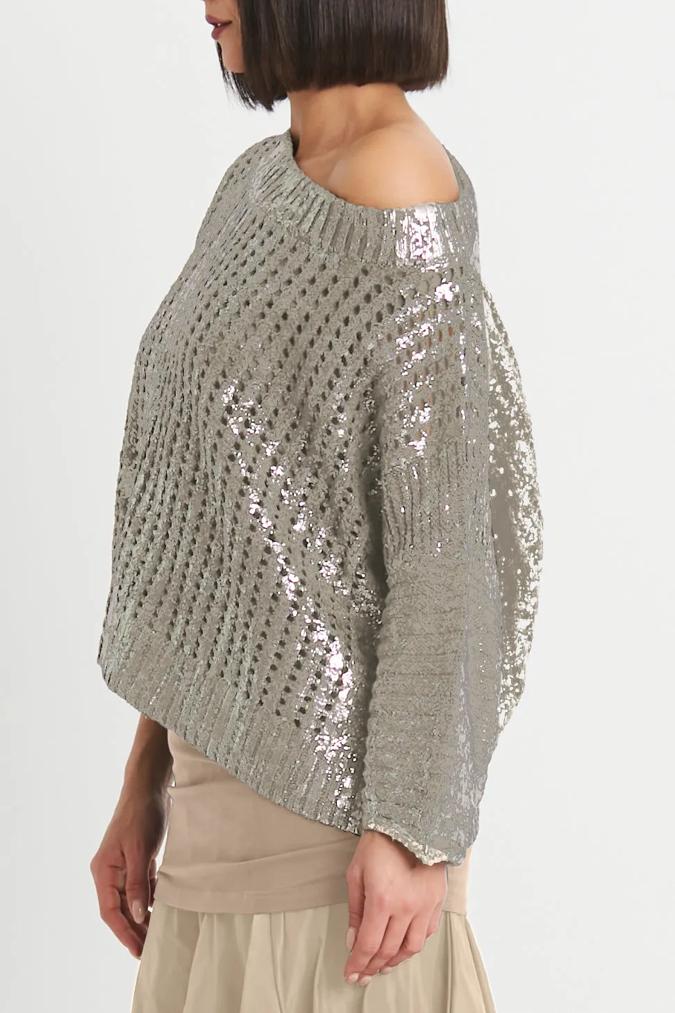 Pima Cotton Metallic Crochet Boatneck Sweater