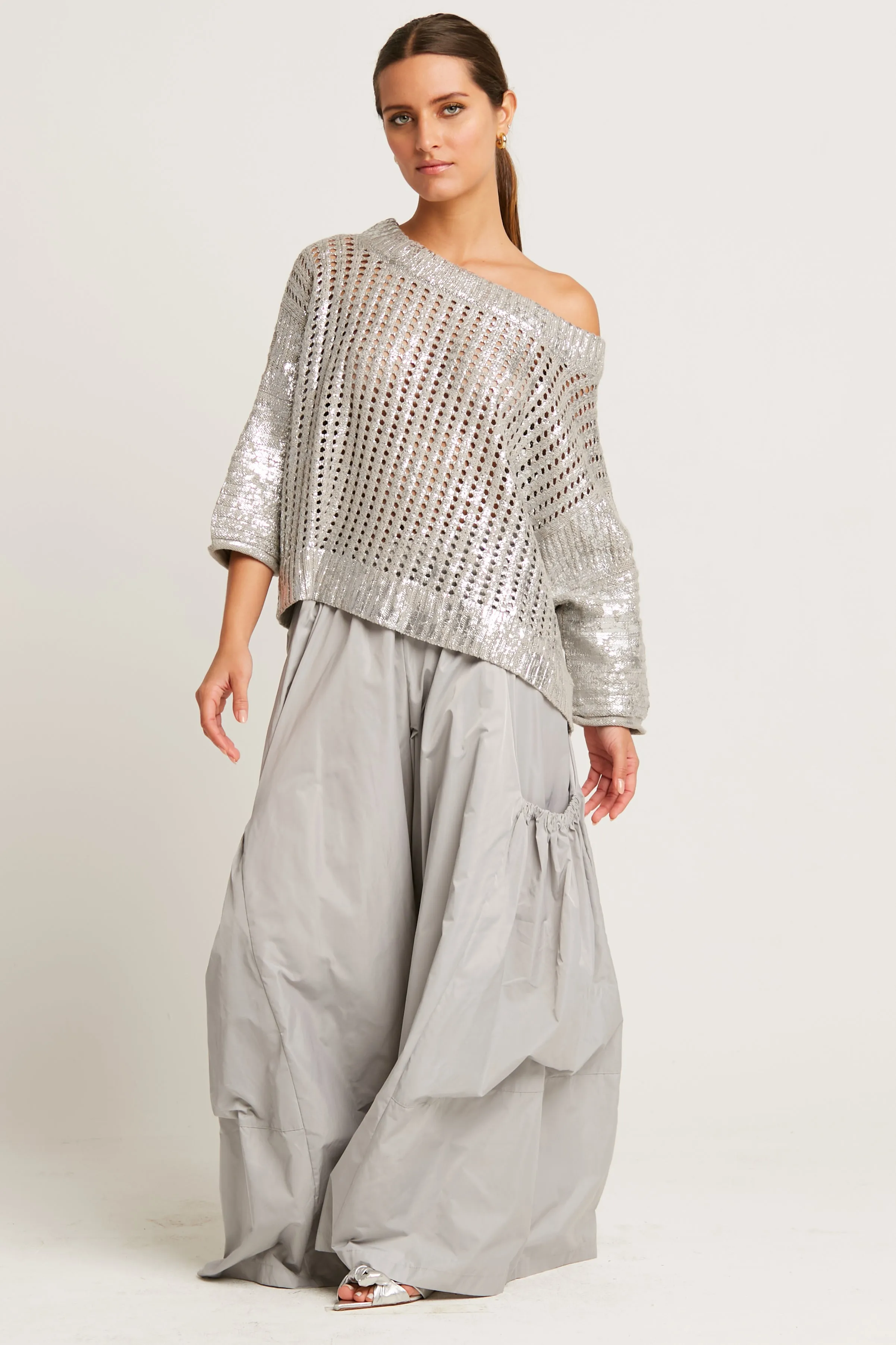 Pima Cotton Metallic Crochet Boatneck Sweater