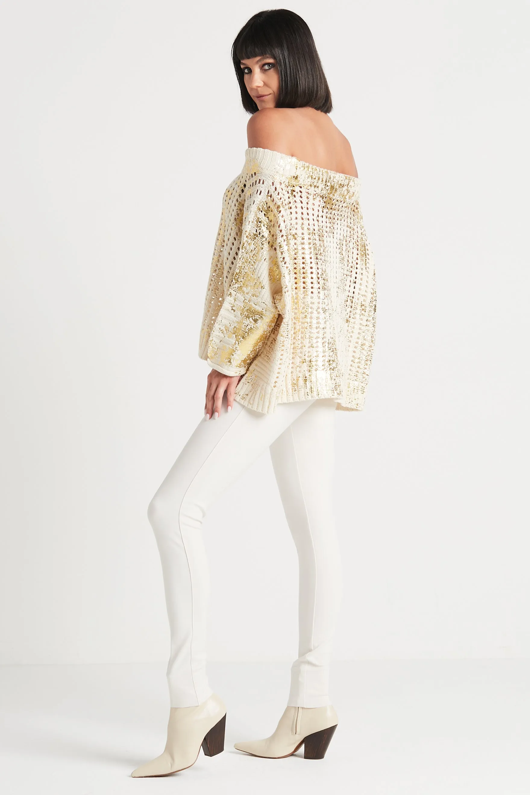 Pima Cotton Metallic Crochet Boatneck Sweater