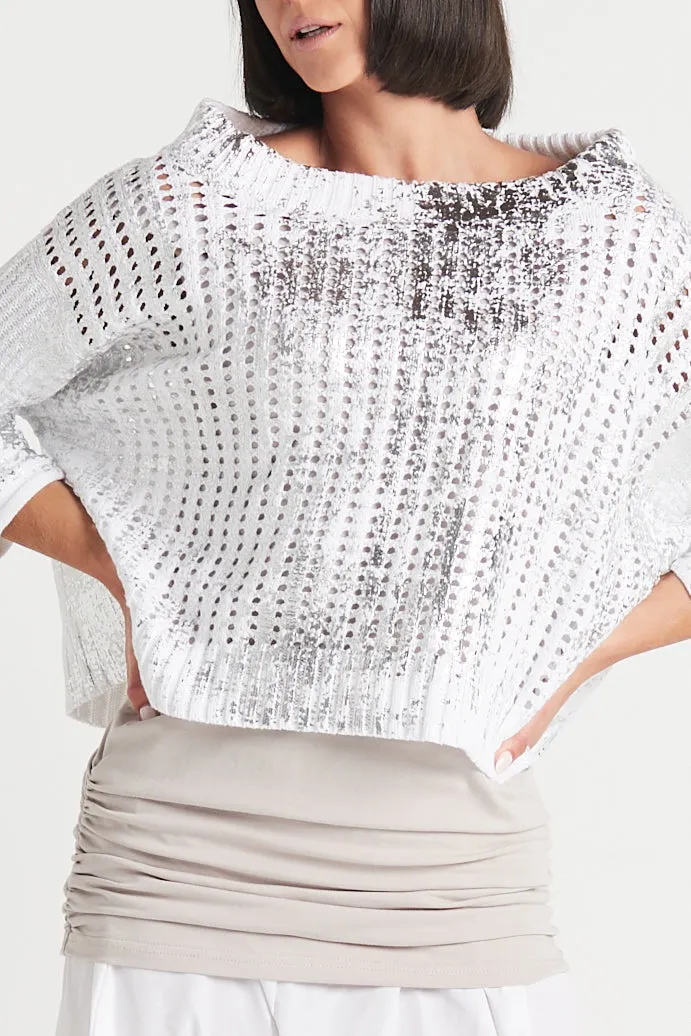 Pima Cotton Metallic Crochet Boatneck Sweater