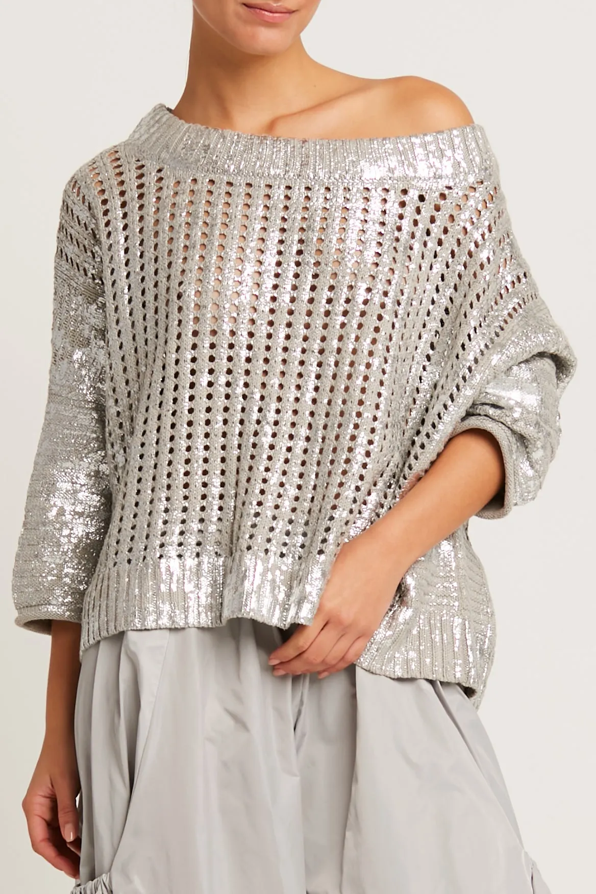 Pima Cotton Metallic Crochet Boatneck Sweater