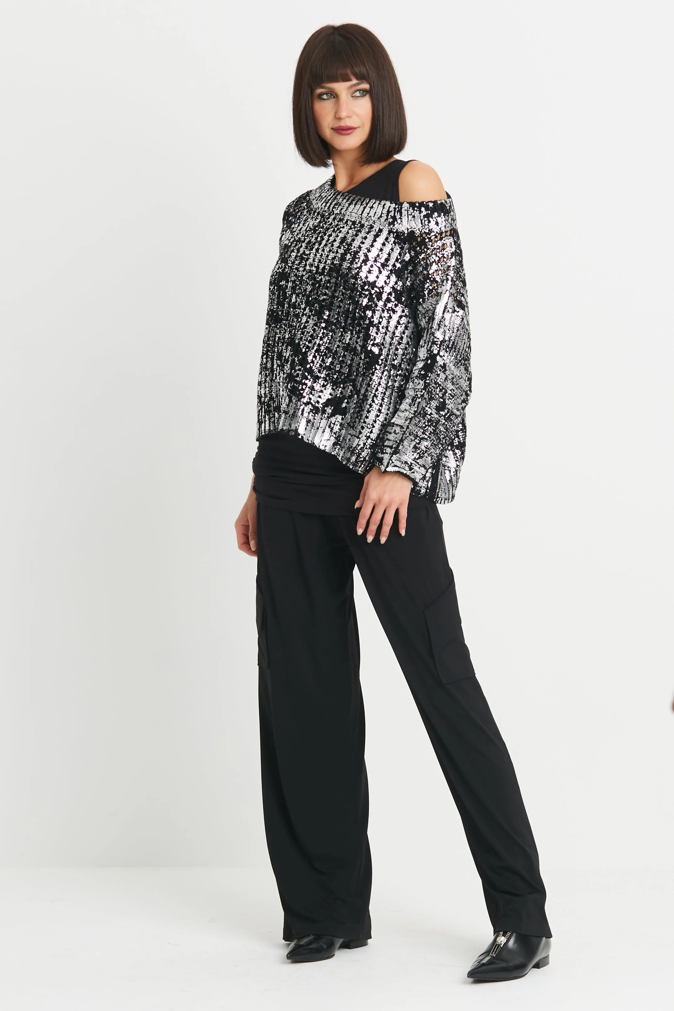 Pima Cotton Metallic Crochet Boatneck Sweater