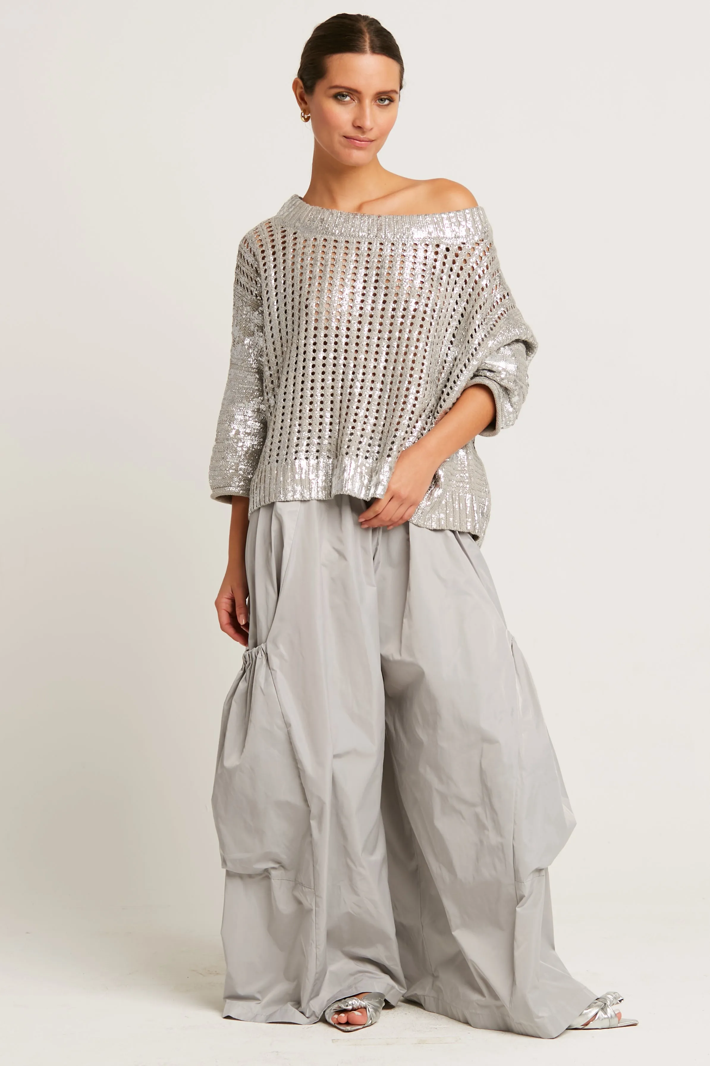 Pima Cotton Metallic Crochet Boatneck Sweater