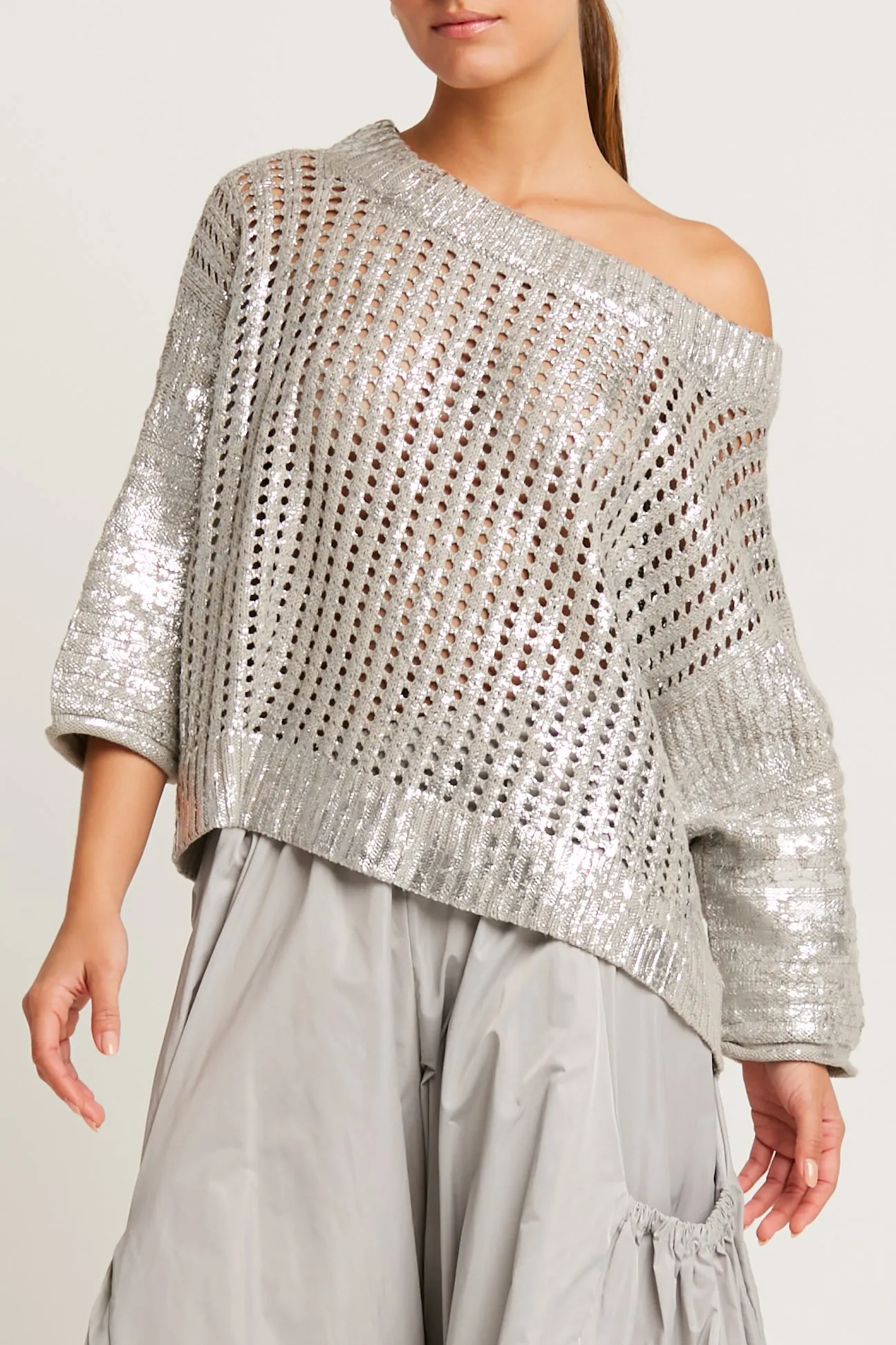 Pima Cotton Metallic Crochet Boatneck Sweater