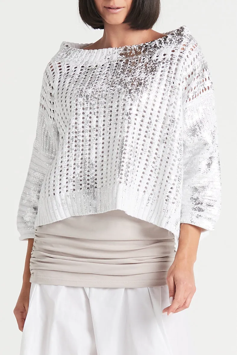 Pima Cotton Metallic Crochet Boatneck Sweater