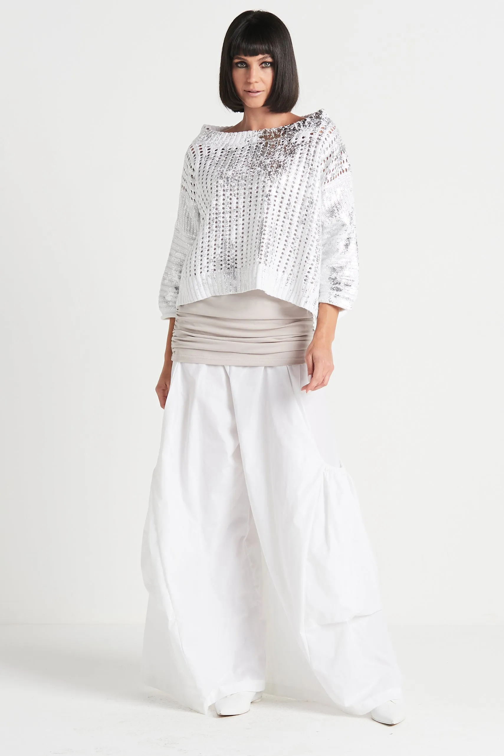 Pima Cotton Metallic Crochet Boatneck Sweater