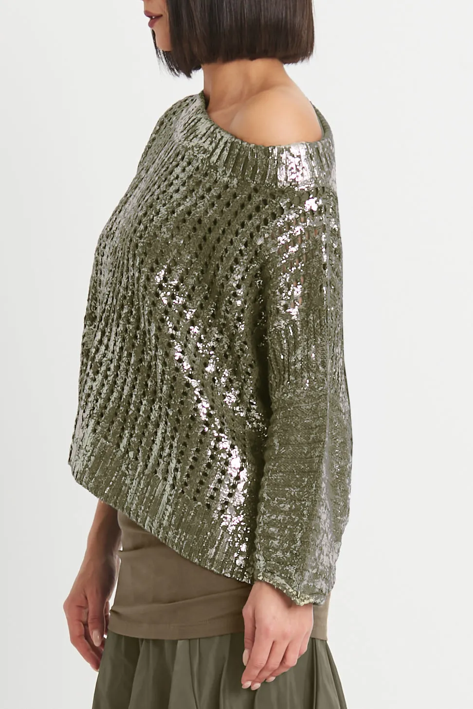 Pima Cotton Metallic Crochet Boatneck Sweater