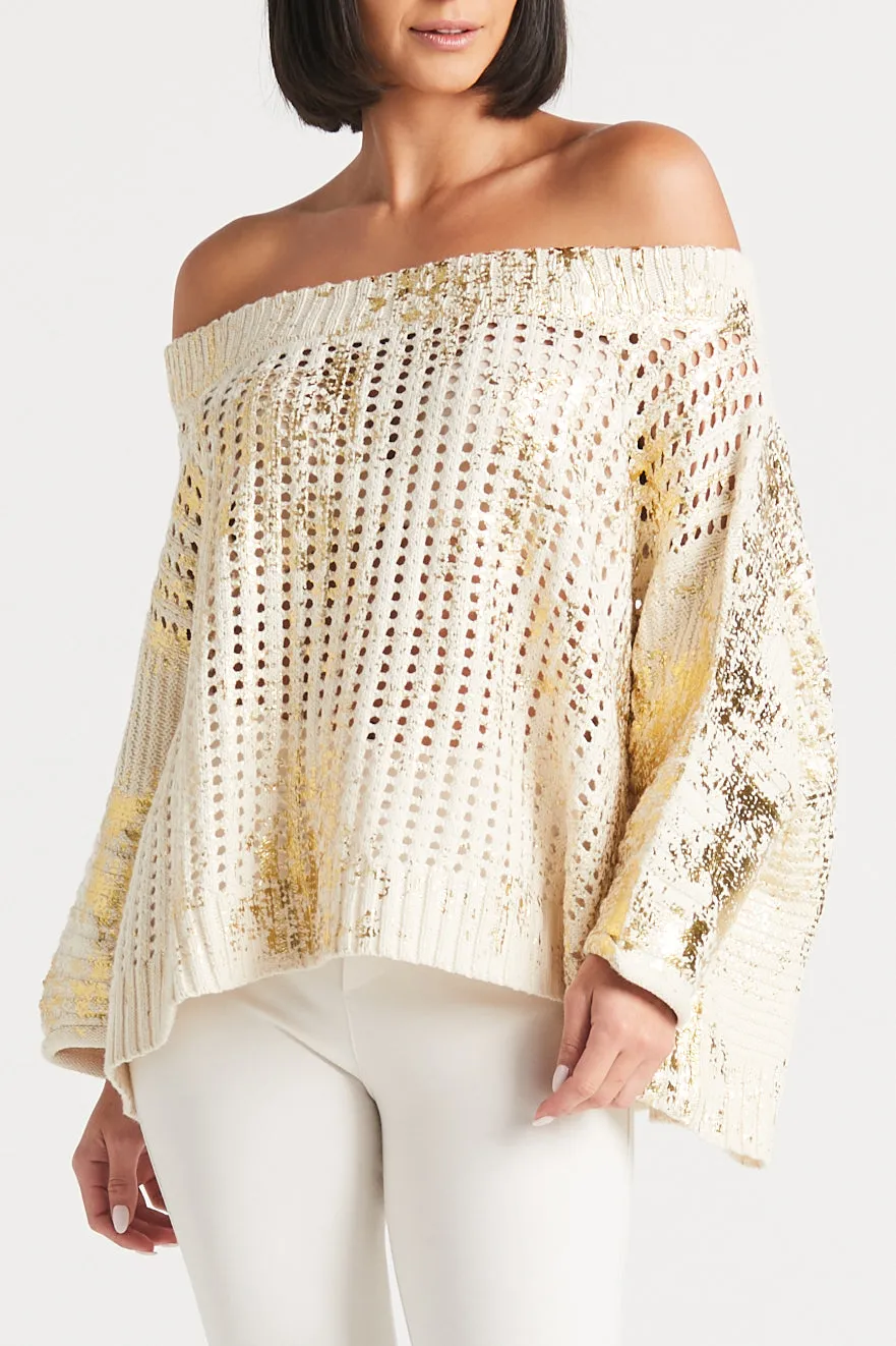 Pima Cotton Metallic Crochet Boatneck Sweater