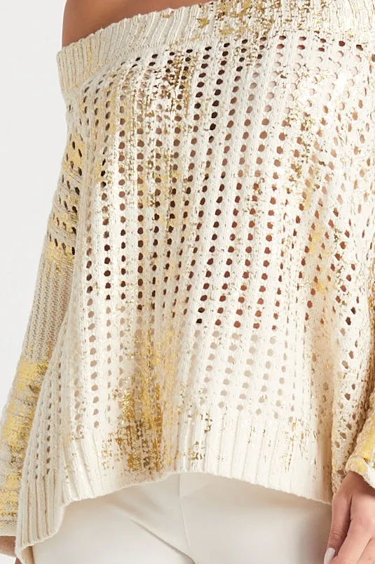 Pima Cotton Metallic Crochet Boatneck Sweater