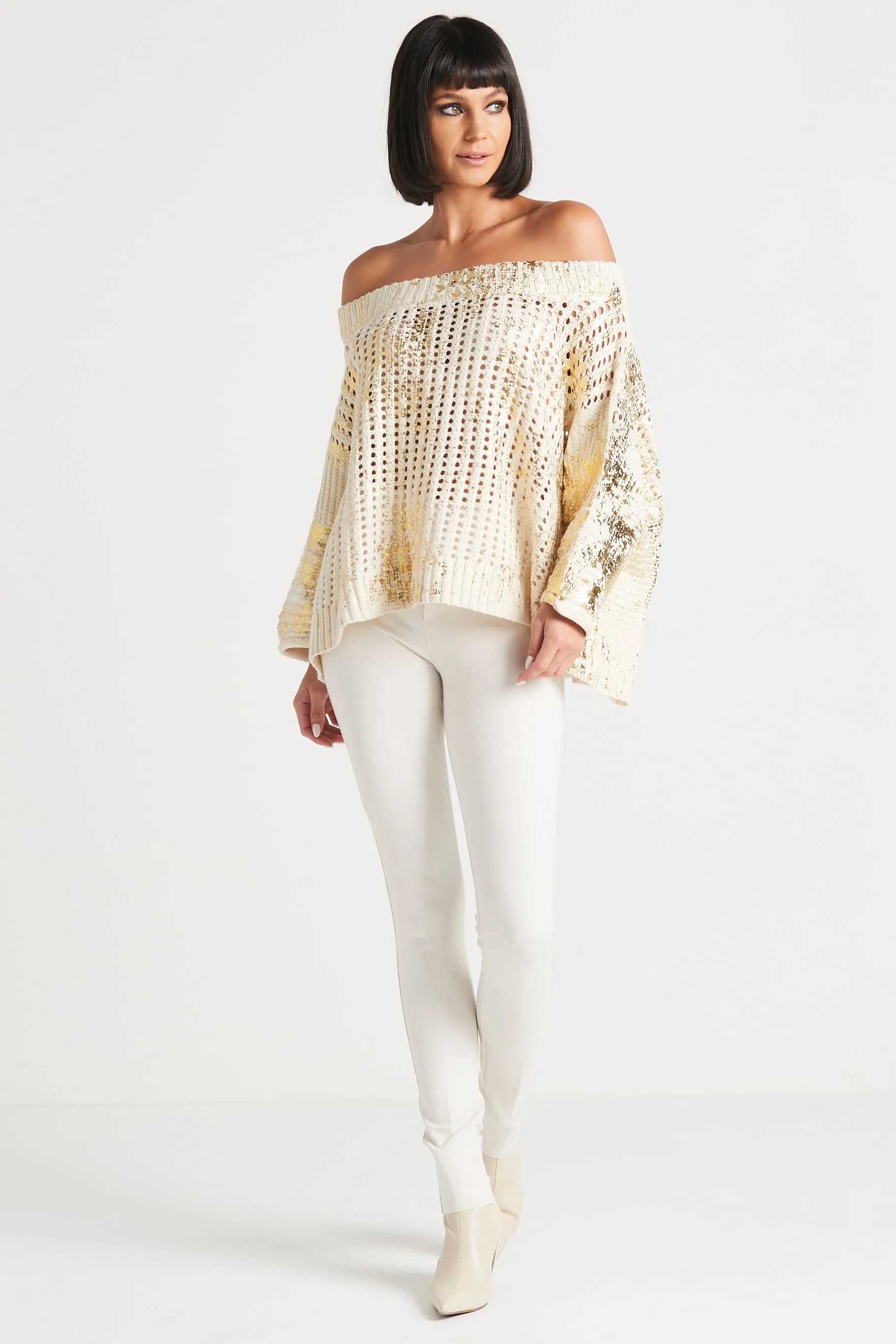 Pima Cotton Metallic Crochet Boatneck Sweater