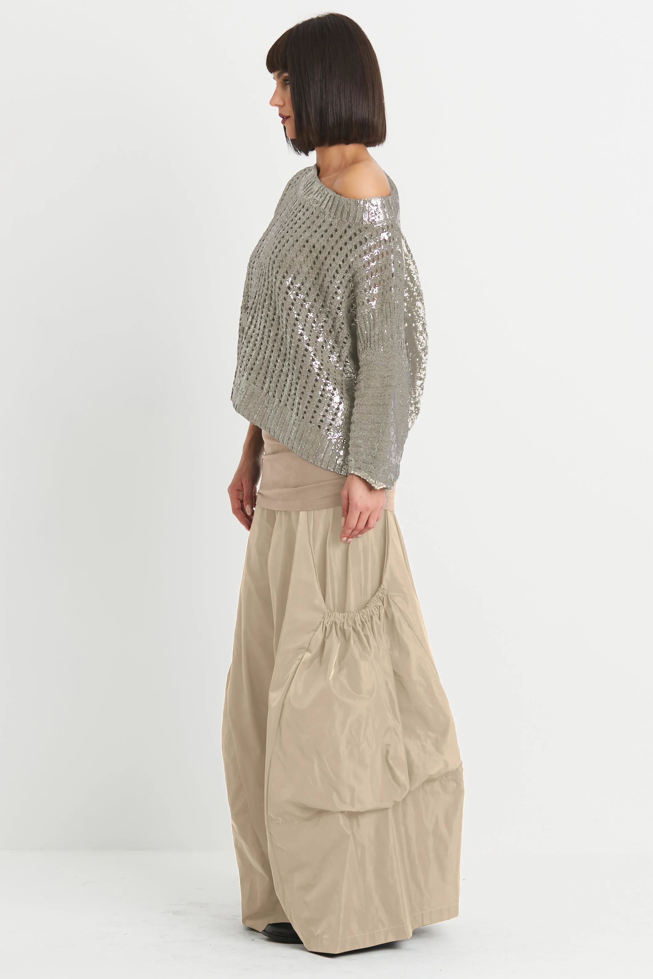 Pima Cotton Metallic Crochet Boatneck Sweater