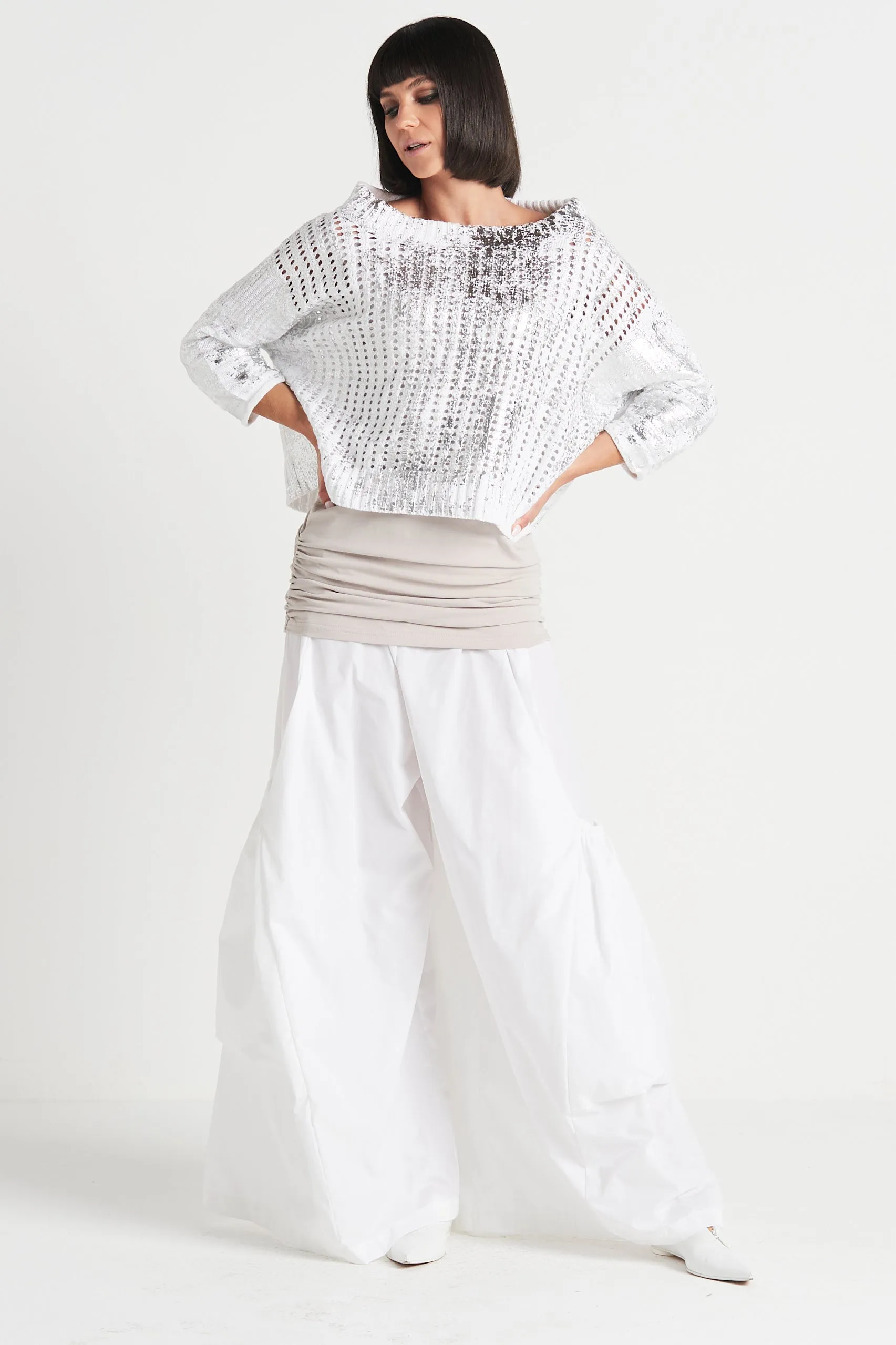 Pima Cotton Metallic Crochet Boatneck Sweater