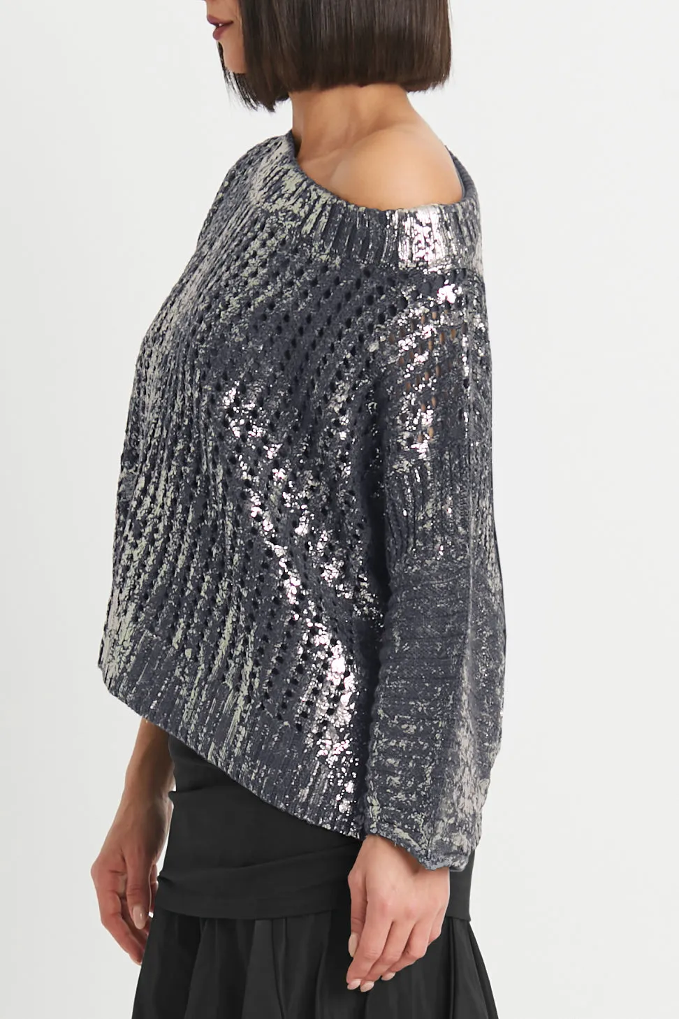 Pima Cotton Metallic Crochet Boatneck Sweater