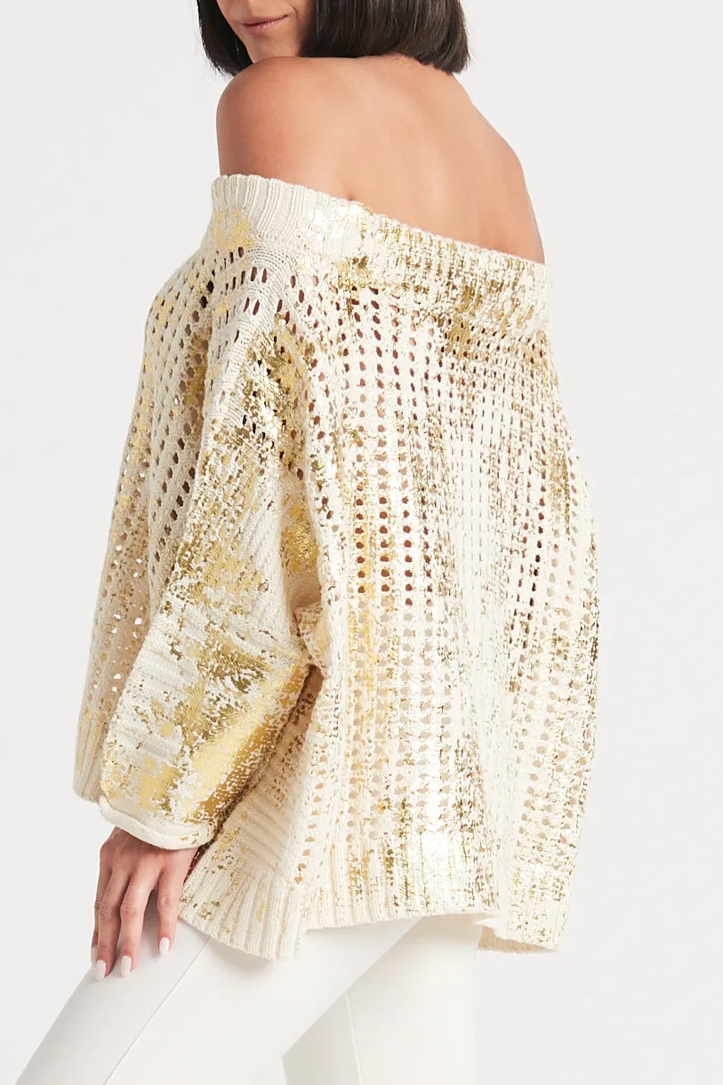 Pima Cotton Metallic Crochet Boatneck Sweater