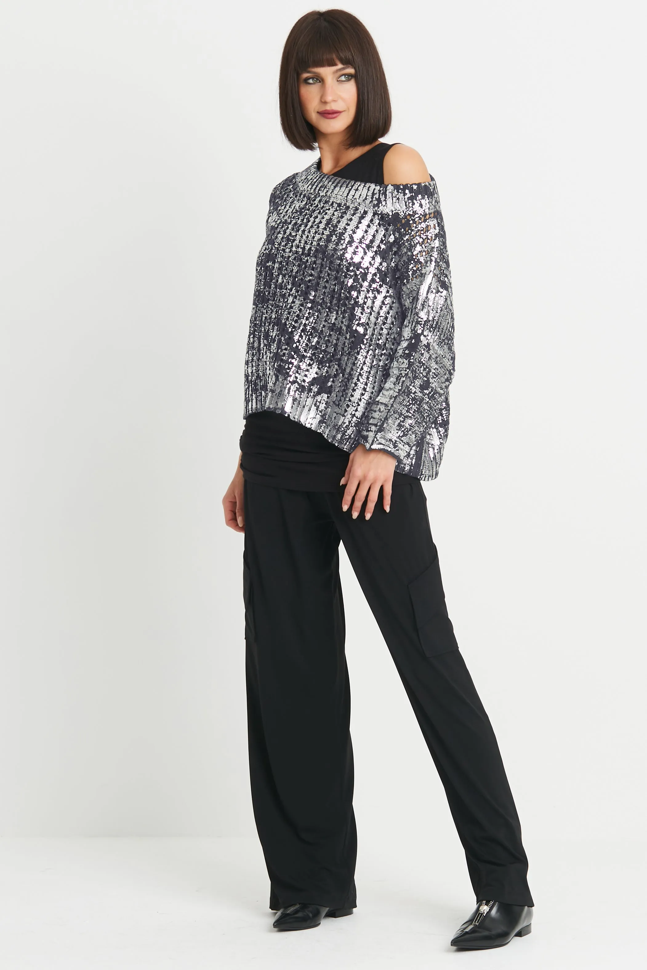 Pima Cotton Metallic Crochet Boatneck Sweater