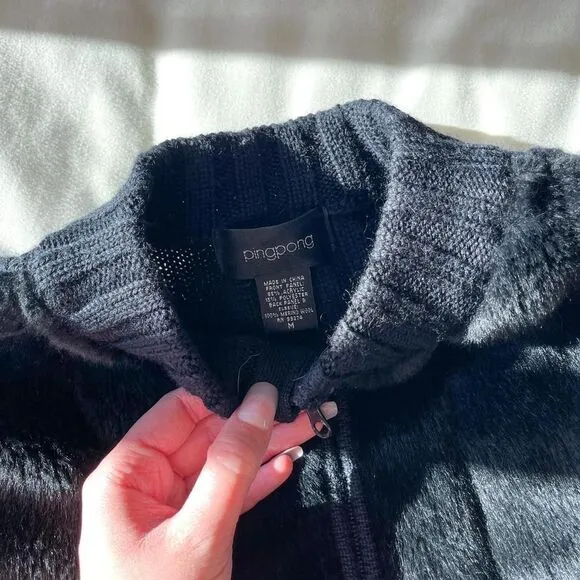 ping pong black‎ faux fur merino wool blend zip up jacket womens medium