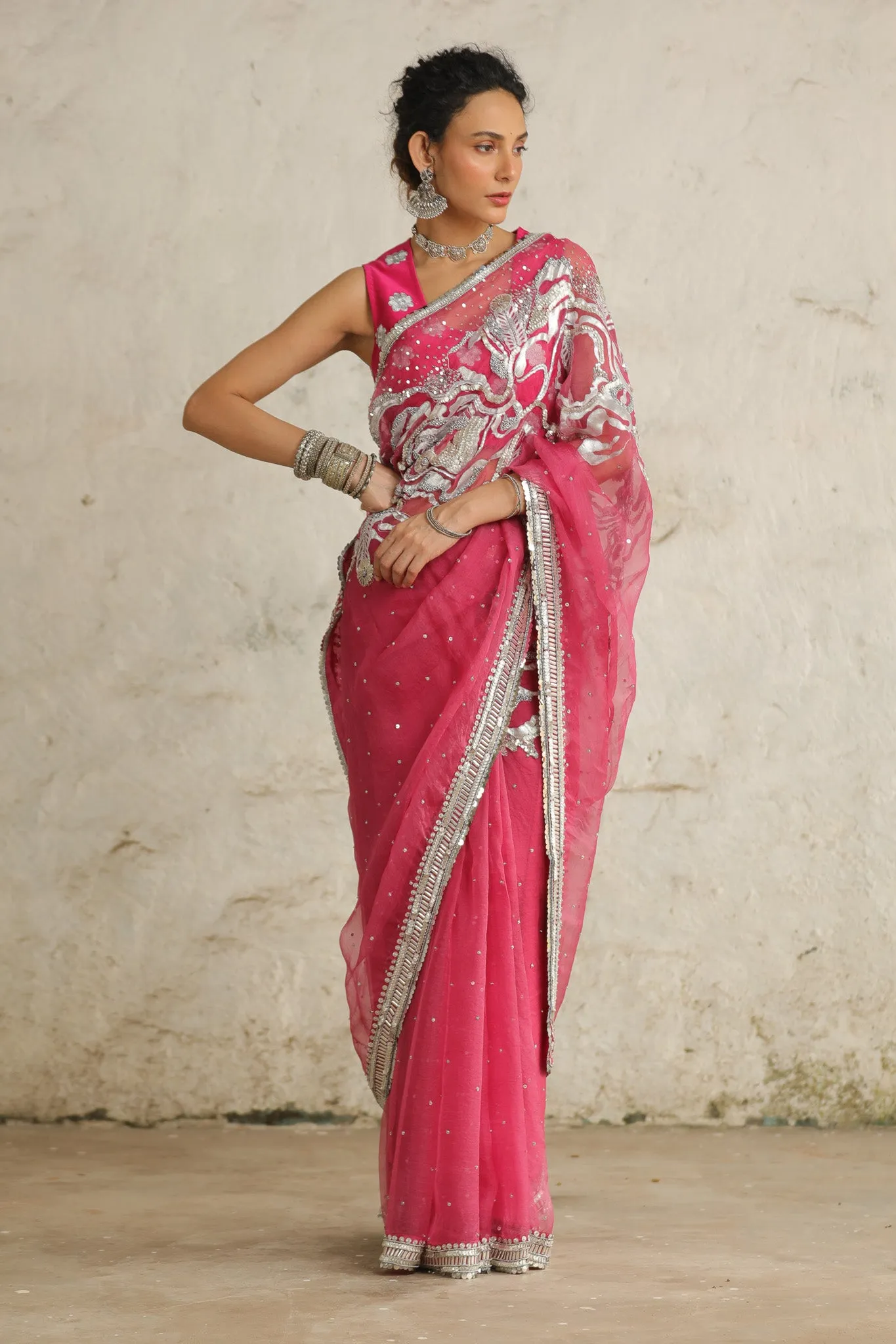 Pink cosmos sari set