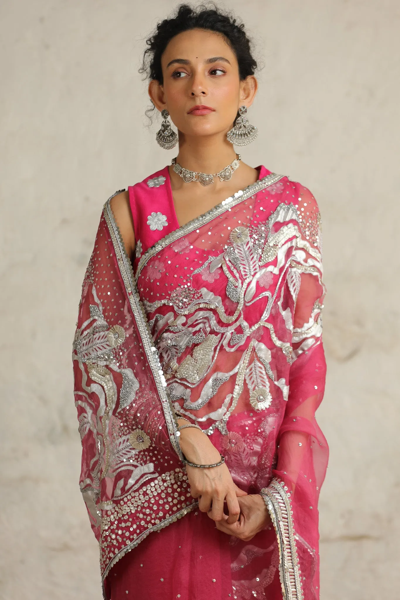 Pink cosmos sari set