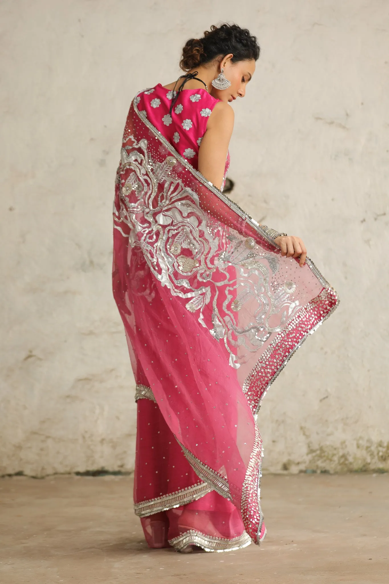 Pink cosmos sari set