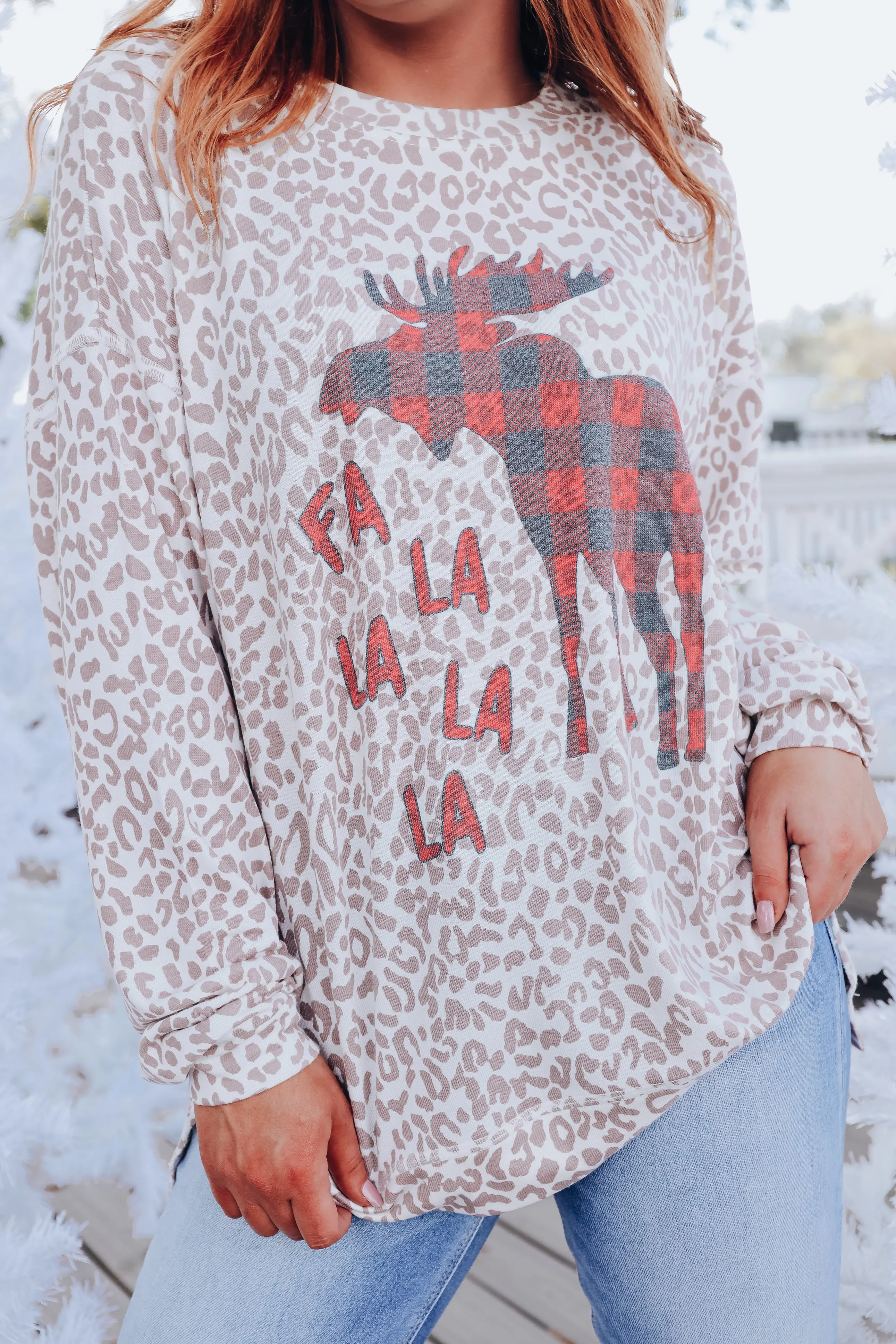 Plaid Moose Leopard Print Long Sleeve Top
