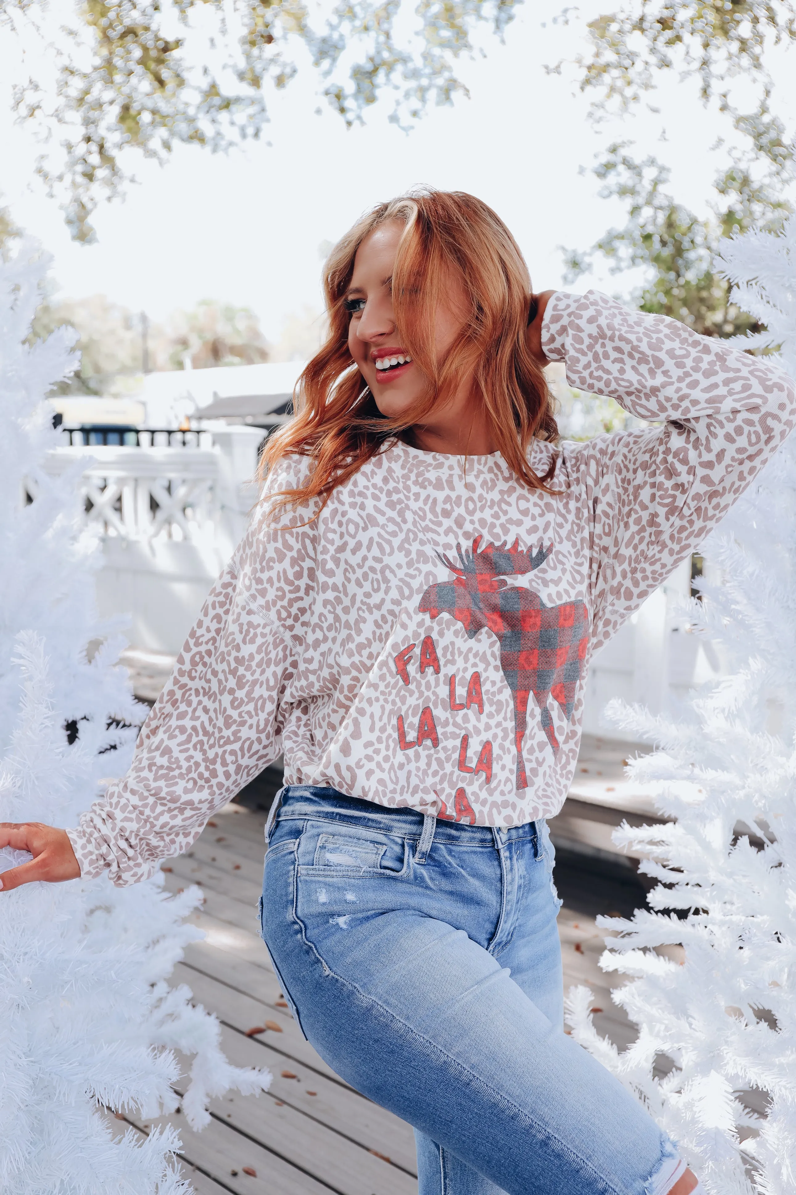 Plaid Moose Leopard Print Long Sleeve Top